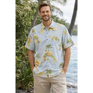 Tommy Bahama Mens Silk Hawaiian Shirt Blue Floral Palm Tree Button Up Large